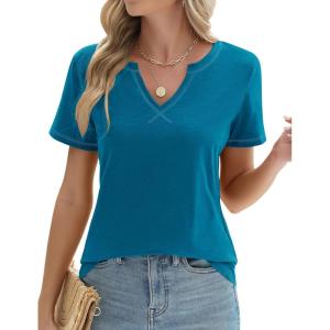 LOMON Womens Short Sleeve T Shirts V Neck Cute Basic Tee Summer Tops Dressy Casual(Blue)