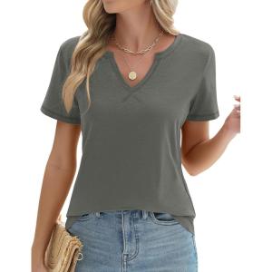 LOMON Womens Short Sleeve T Shirts V Neck Cute Basic Tee Summer Tops Dressy Casual(Gray)