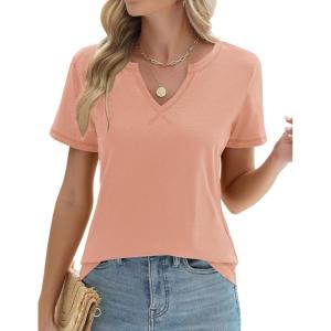 LOMON Womens Short Sleeve T Shirts V Neck Cute Basic Tee Summer Tops Dressy Casual(Pink)