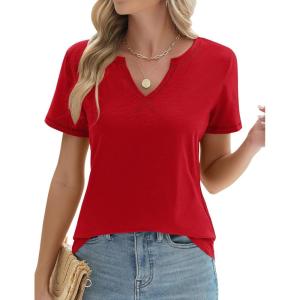 LOMON Womens Short Sleeve T Shirts V Neck Cute Basic Tee Summer Tops Dressy Casual(Red)