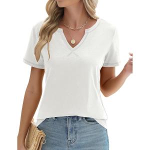 LOMON Womens Short Sleeve T Shirts V Neck Cute Basic Tee Summer Tops Dressy Casual(White)