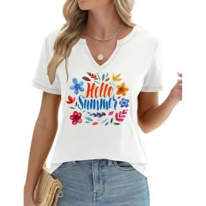 LOMON Womens Short Sleeve T Shirts V Neck Cute Basic Tee Summer Tops Dressy Casual(White Print)