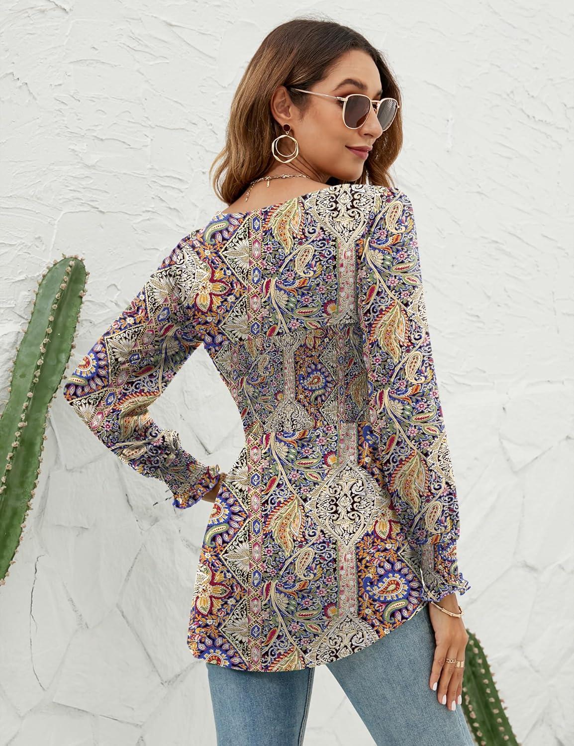 image:imageLOMON Blouses for Women Puff Long Sleeve Shirts Square Neck Casual Smocked Tunic Tops 2024 Spring Fall Winter Clothes SXLMulticolor Floral
