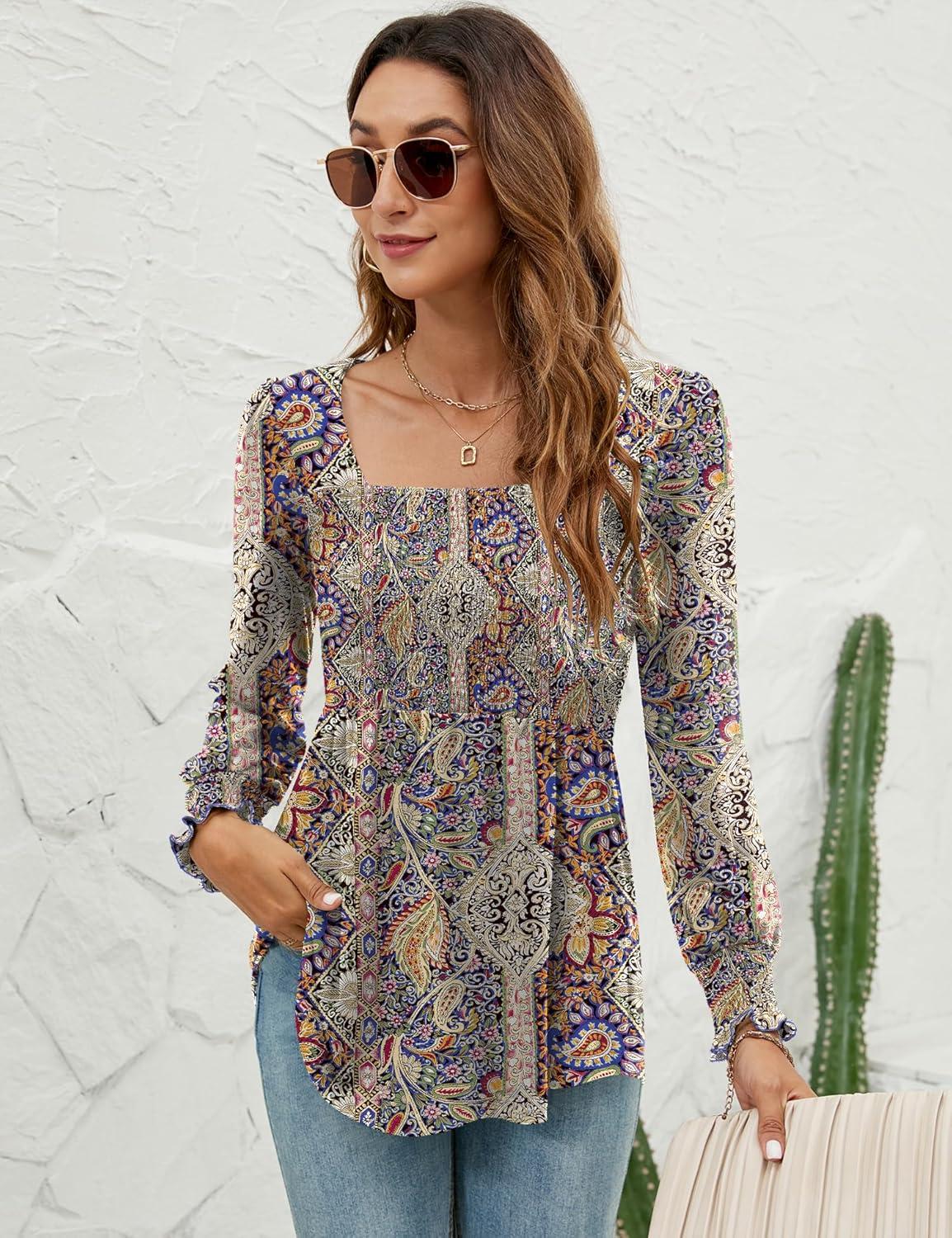 image:imageLOMON Blouses for Women Puff Long Sleeve Shirts Square Neck Casual Smocked Tunic Tops 2024 Spring Fall Winter Clothes SXLMulticolor Floral
