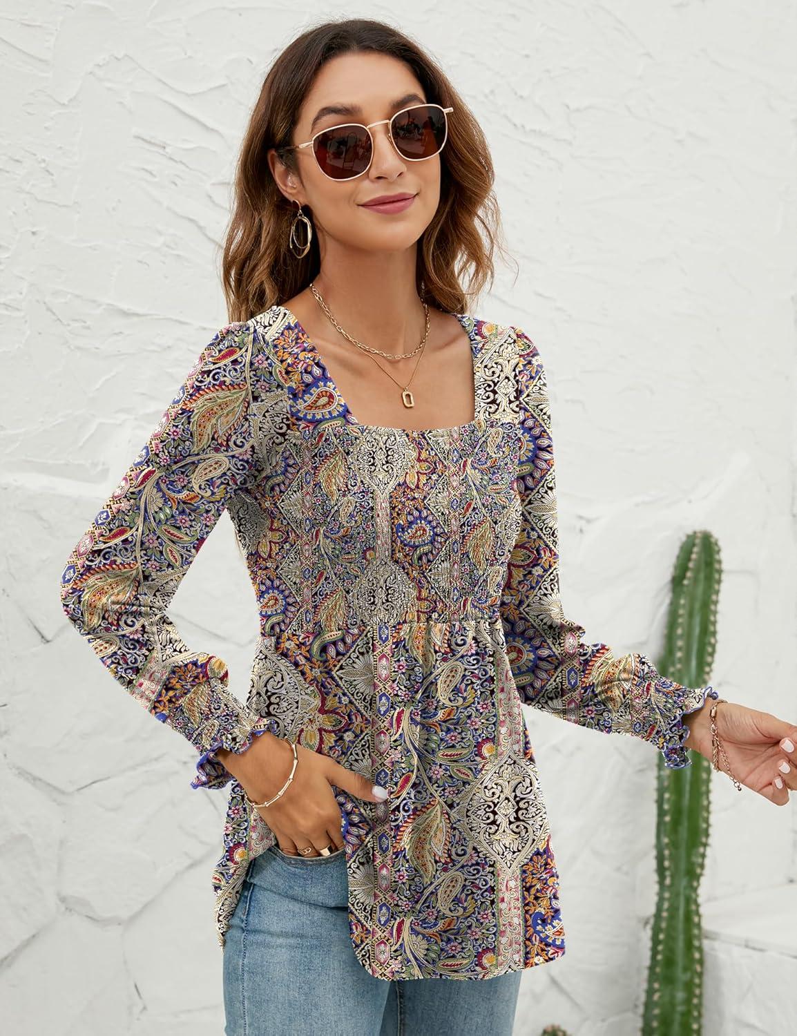 image:imageLOMON Blouses for Women Puff Long Sleeve Shirts Square Neck Casual Smocked Tunic Tops 2024 Spring Fall Winter Clothes SXLMulticolor Floral