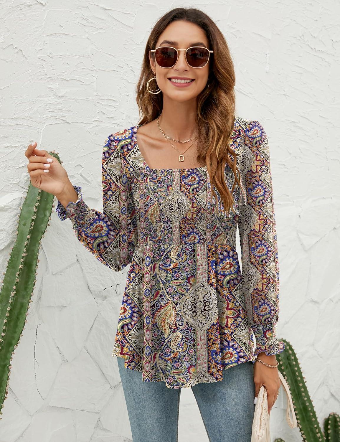 image:imageLOMON Blouses for Women Puff Long Sleeve Shirts Square Neck Casual Smocked Tunic Tops 2024 Spring Fall Winter Clothes SXLMulticolor Floral
