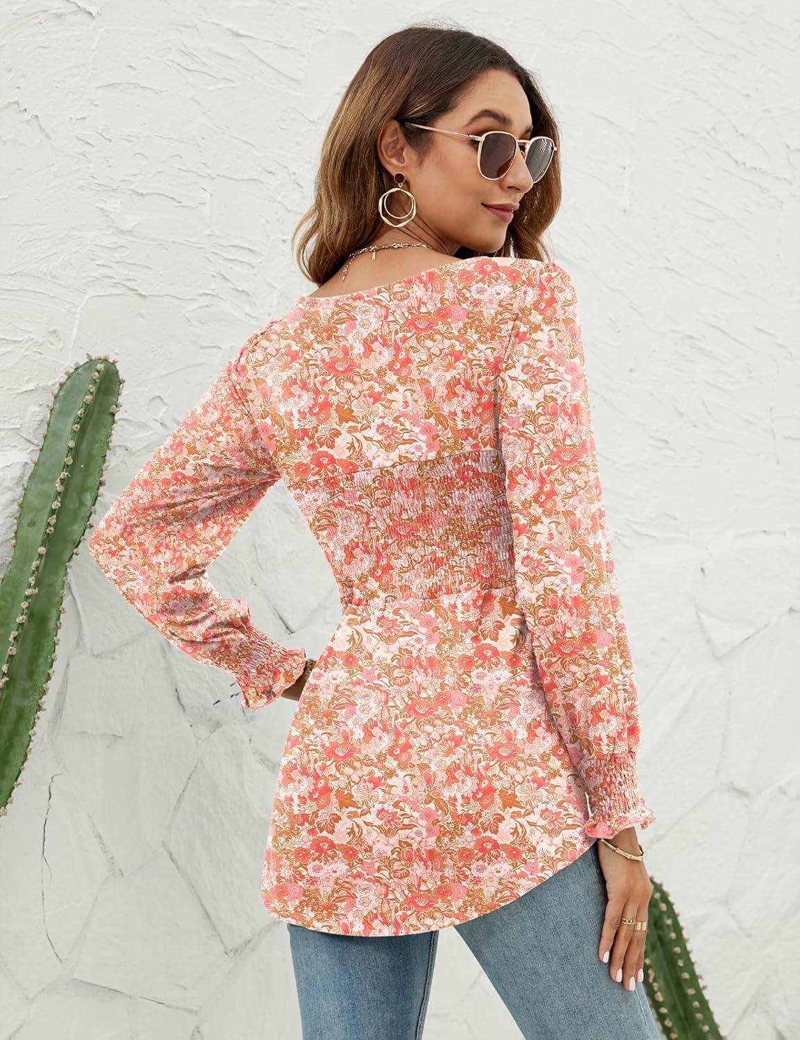 image:imageLOMON Blouses for Women Puff Long Sleeve Shirts Square Neck Casual Smocked Tunic Tops 2024 Spring Fall Winter Clothes SXLPink Floral 2