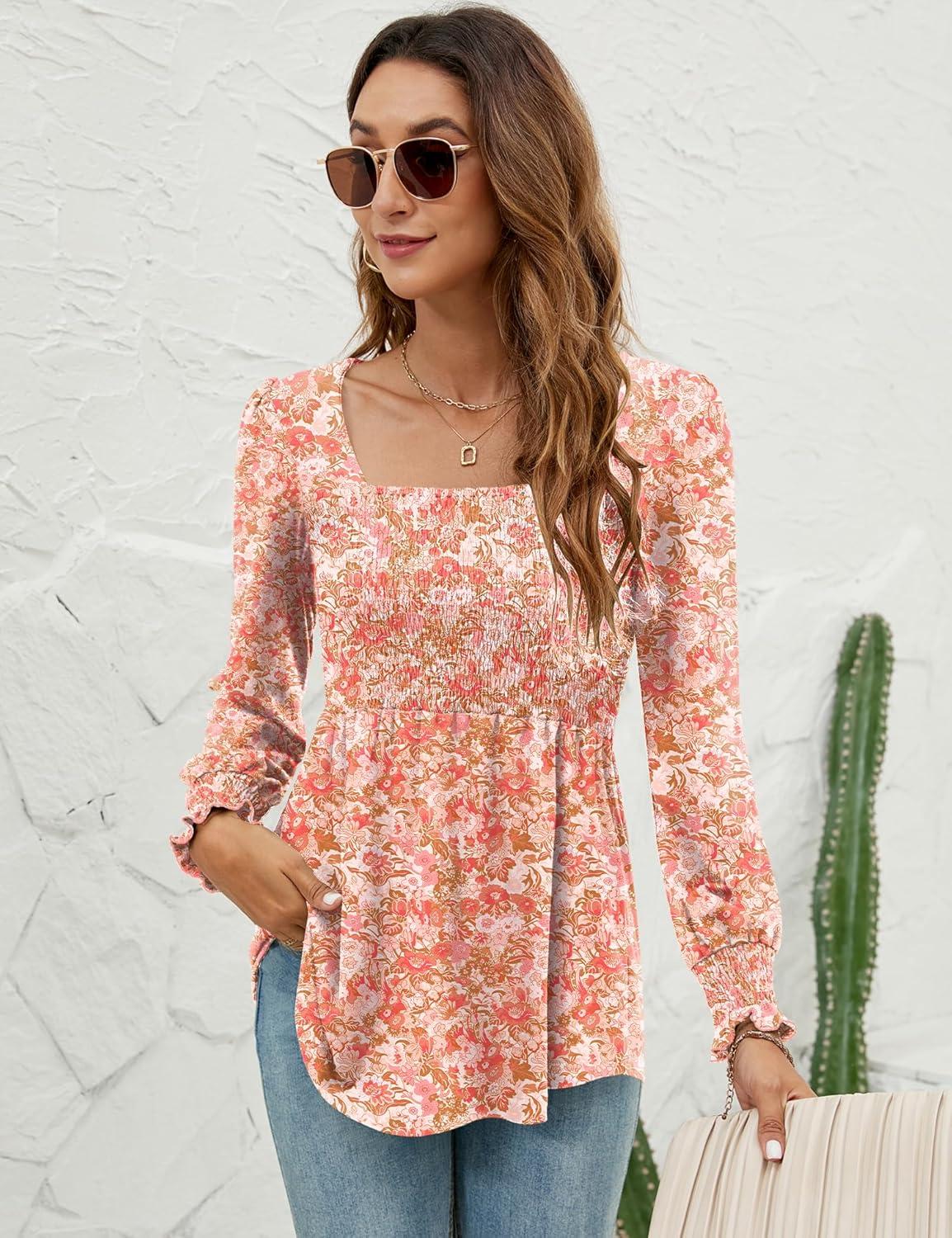 image:imageLOMON Blouses for Women Puff Long Sleeve Shirts Square Neck Casual Smocked Tunic Tops 2024 Spring Fall Winter Clothes SXLPink Floral 2
