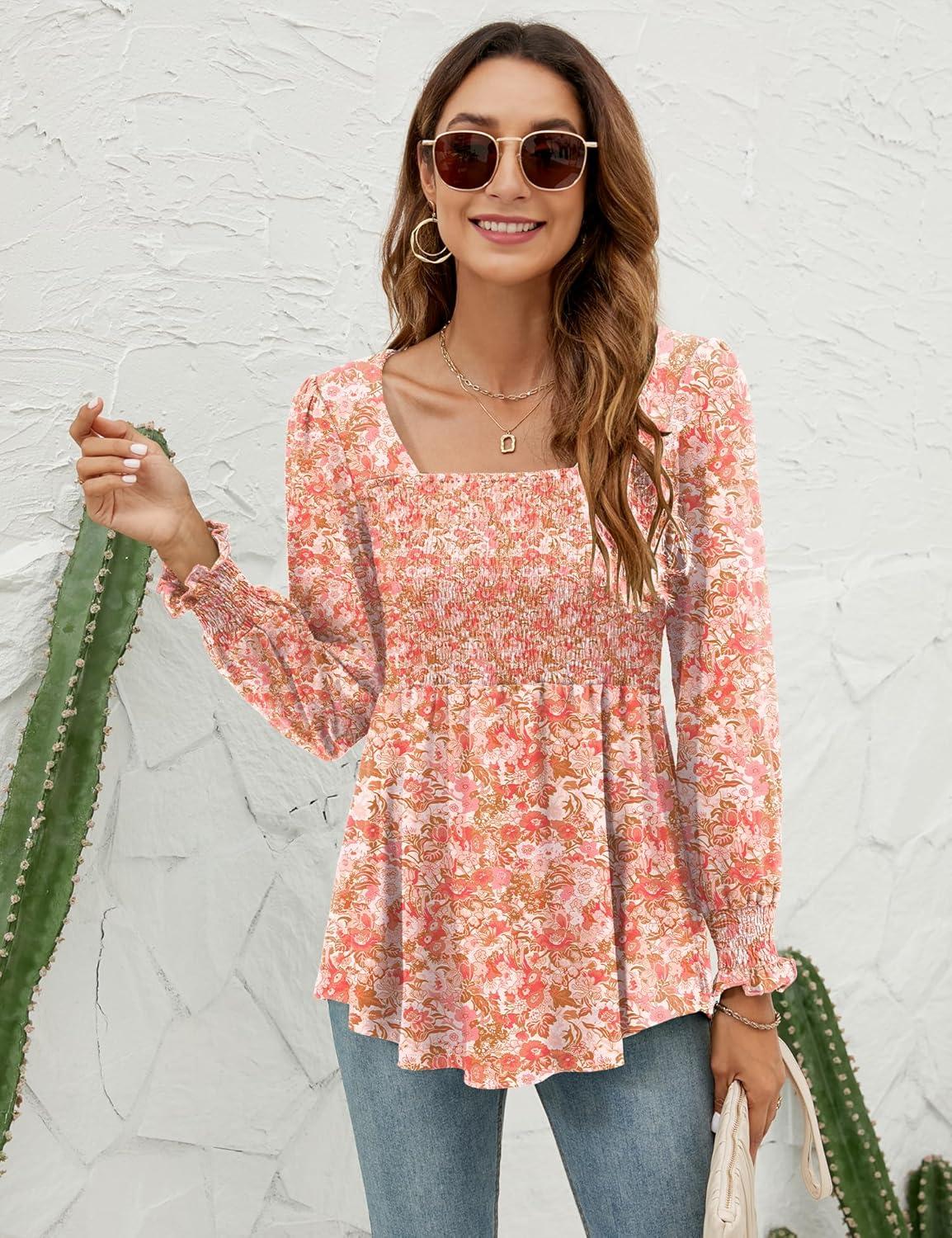 image:imageLOMON Blouses for Women Puff Long Sleeve Shirts Square Neck Casual Smocked Tunic Tops 2024 Spring Fall Winter Clothes SXLPink Floral 2