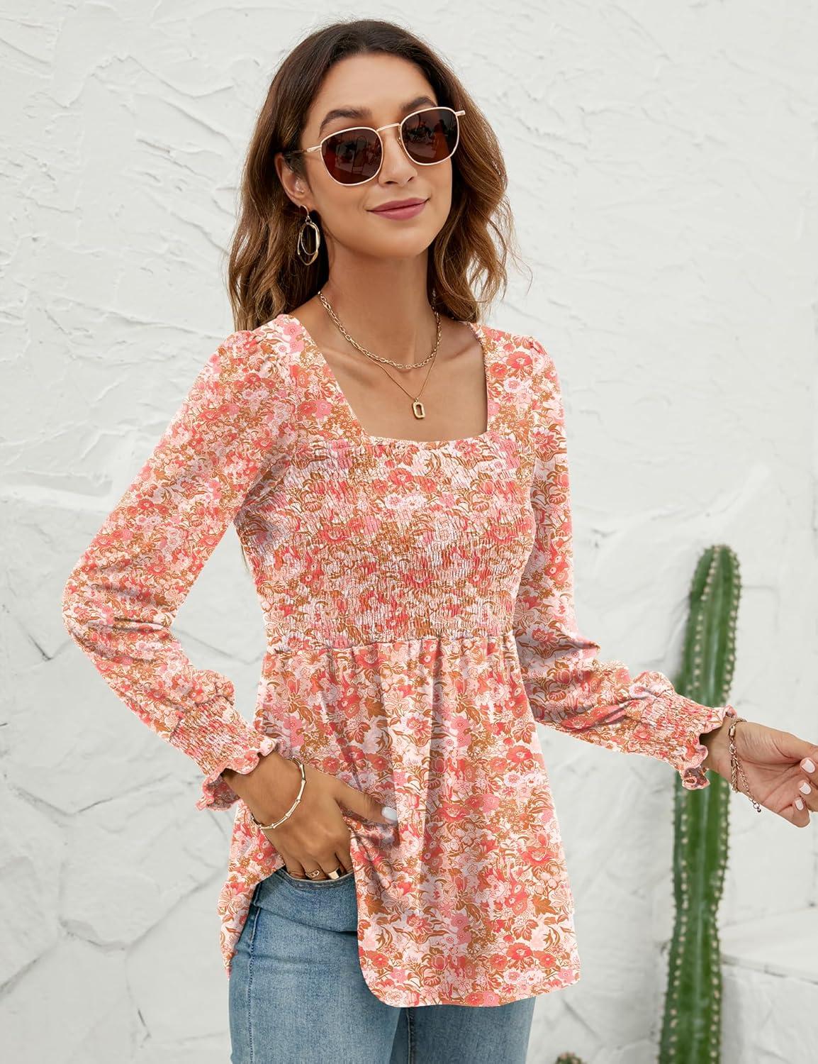 image:imageLOMON Blouses for Women Puff Long Sleeve Shirts Square Neck Casual Smocked Tunic Tops 2024 Spring Fall Winter Clothes SXLPink Floral 2