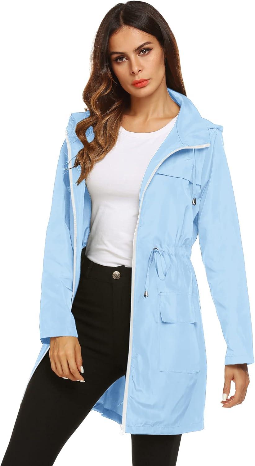 image:imageLomon Women Waterproof Lightweight Rain Jacket Active Outdoor Hooded RaincoatLight Bluewaist Drawstring