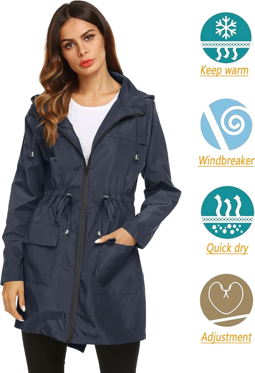 image:imageLomon Women Waterproof Lightweight Rain Jacket Active Outdoor Hooded RaincoatNavy Bluewaist Drawstring1