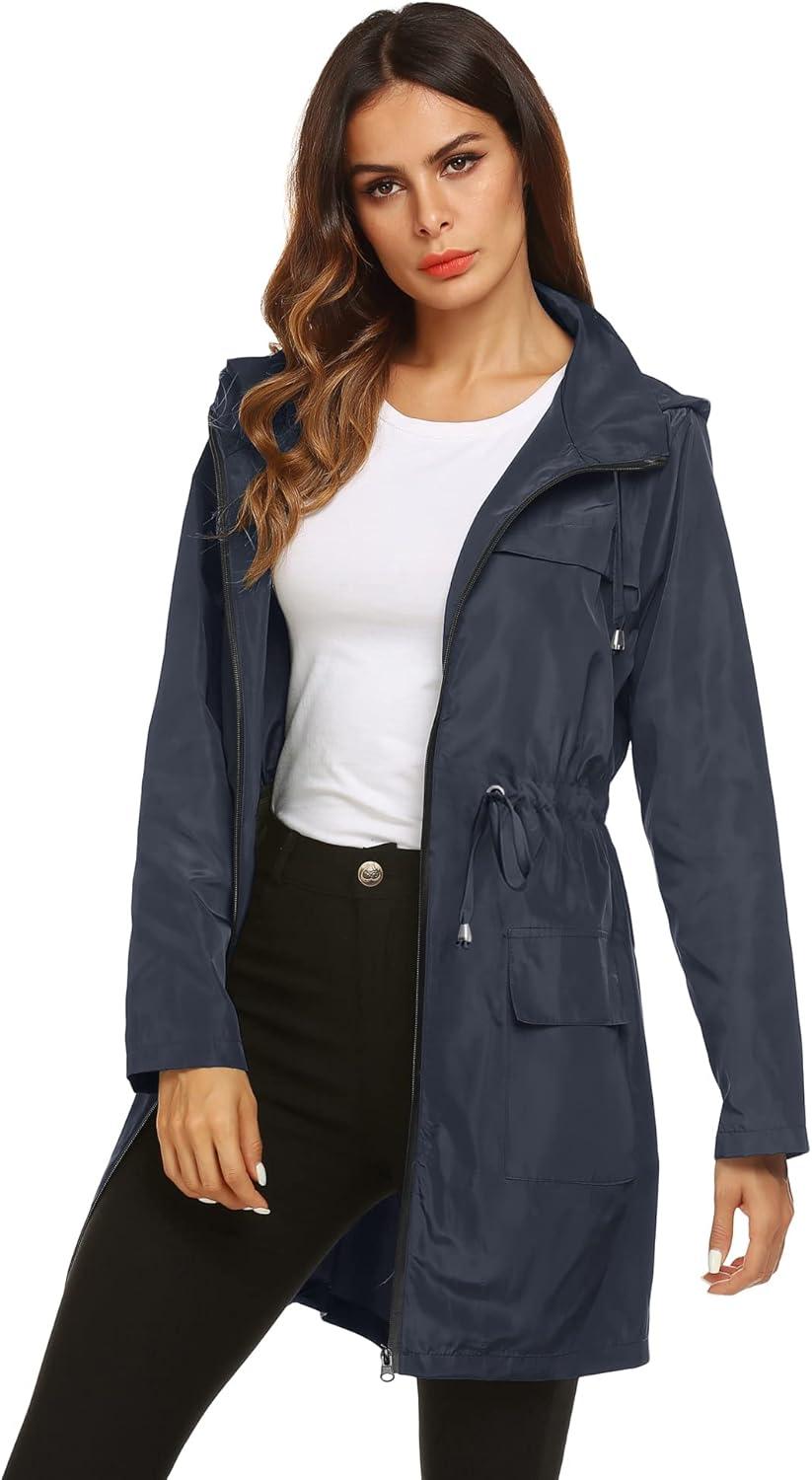 image:imageLomon Women Waterproof Lightweight Rain Jacket Active Outdoor Hooded RaincoatNavy Bluewaist Drawstring1