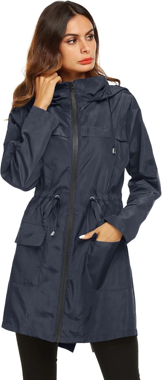image:imageLomon Women Waterproof Lightweight Rain Jacket Active Outdoor Hooded RaincoatNavy Bluewaist Drawstring1