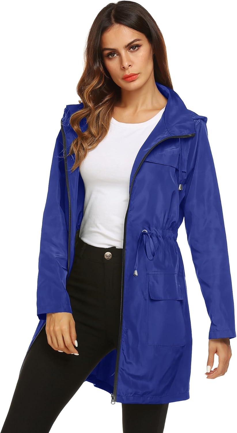 image:imageLomon Women Waterproof Lightweight Rain Jacket Active Outdoor Hooded RaincoatRoyal Bluewaist Drawstring