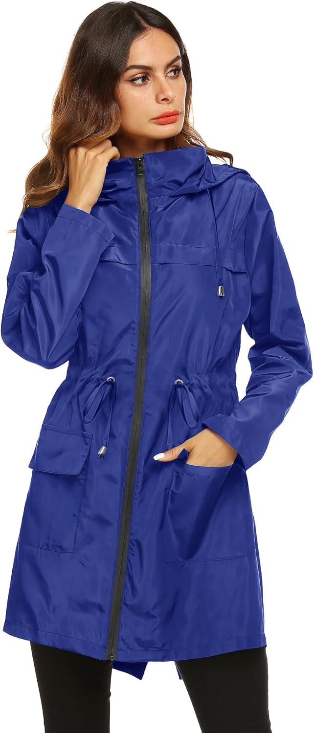 image:imageLomon Women Waterproof Lightweight Rain Jacket Active Outdoor Hooded RaincoatRoyal Bluewaist Drawstring