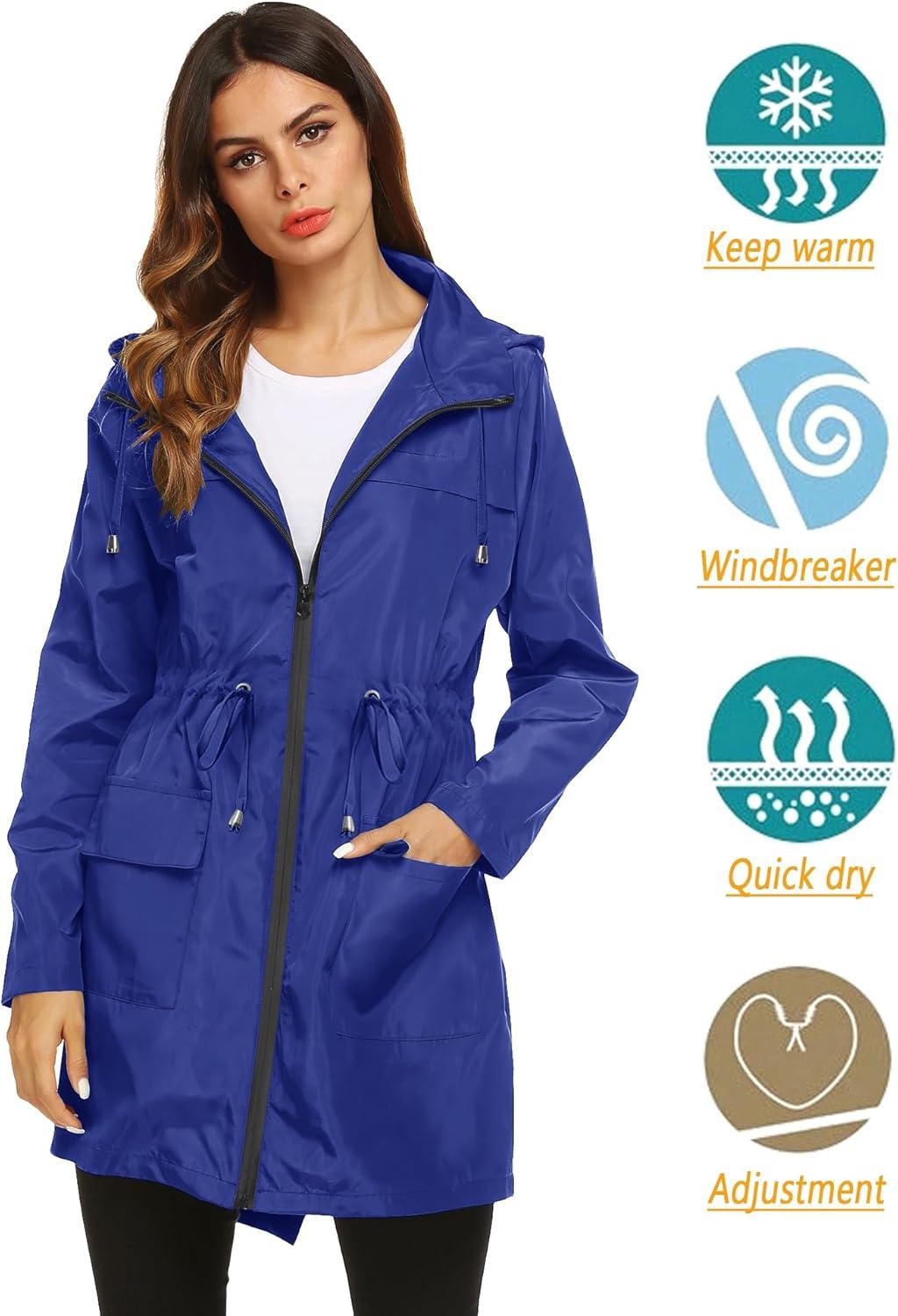 image:imageLomon Women Waterproof Lightweight Rain Jacket Active Outdoor Hooded RaincoatRoyal Bluewaist Drawstring