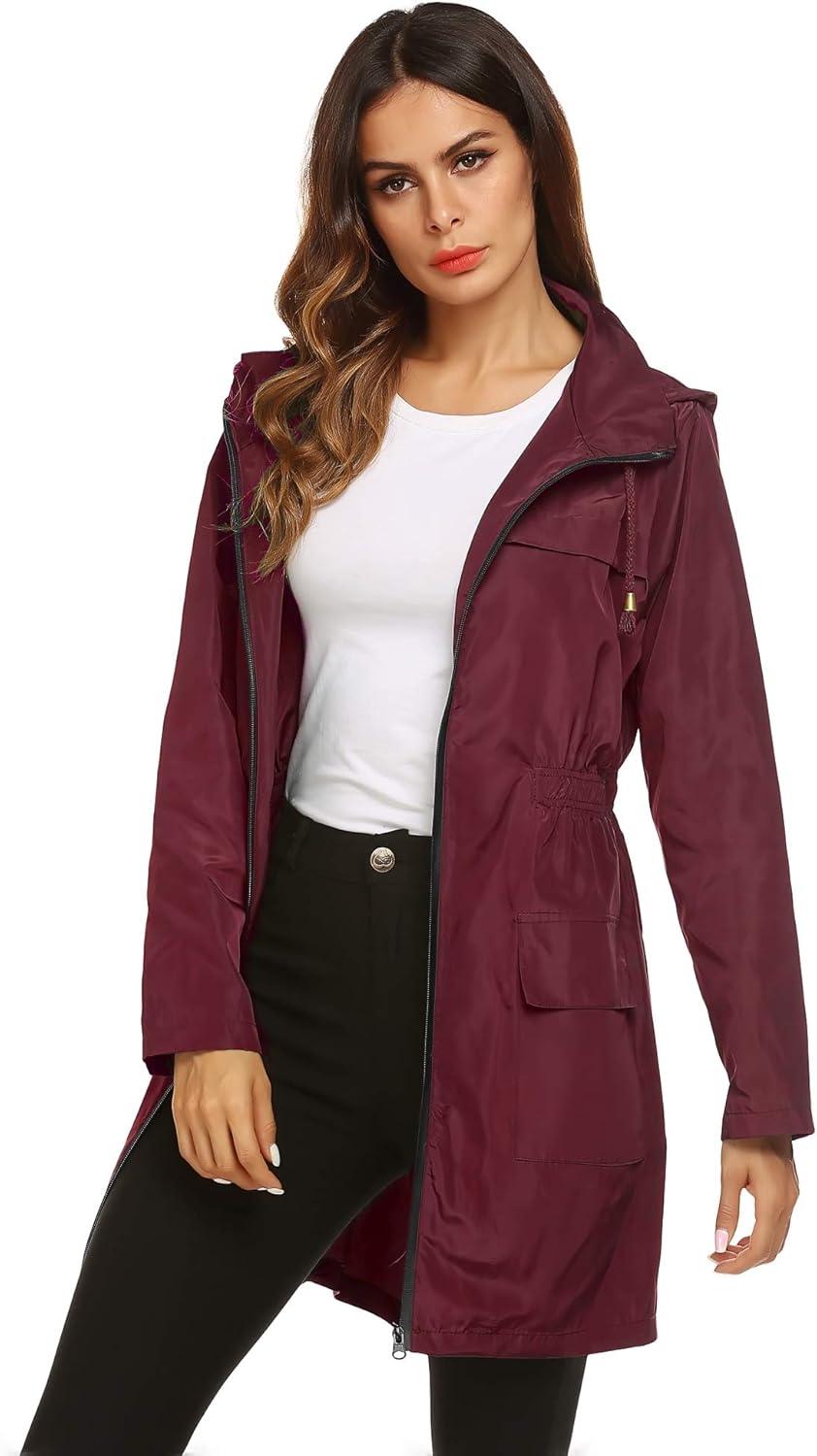 image:imageLomon Women Waterproof Lightweight Rain Jacket Active Outdoor Hooded RaincoatWine Red