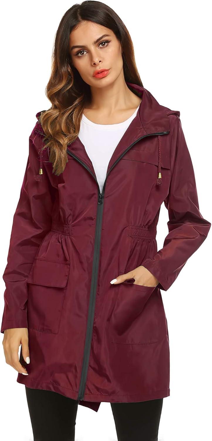 image:imageLomon Women Waterproof Lightweight Rain Jacket Active Outdoor Hooded RaincoatWine Red