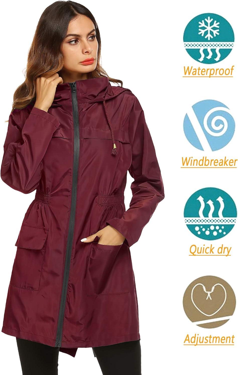 image:imageLomon Women Waterproof Lightweight Rain Jacket Active Outdoor Hooded RaincoatWine Red