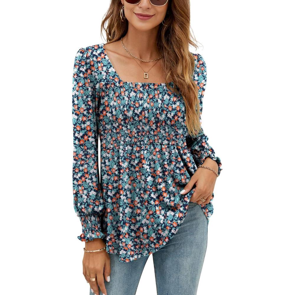image:imageLOMON Blouses for Women Puff Long Sleeve Shirts Square Neck Casual Smocked Tunic Tops 2024 Spring Fall Winter Clothes SXLAqua Blue Base Orange Floral Long Sleeve Shirts
