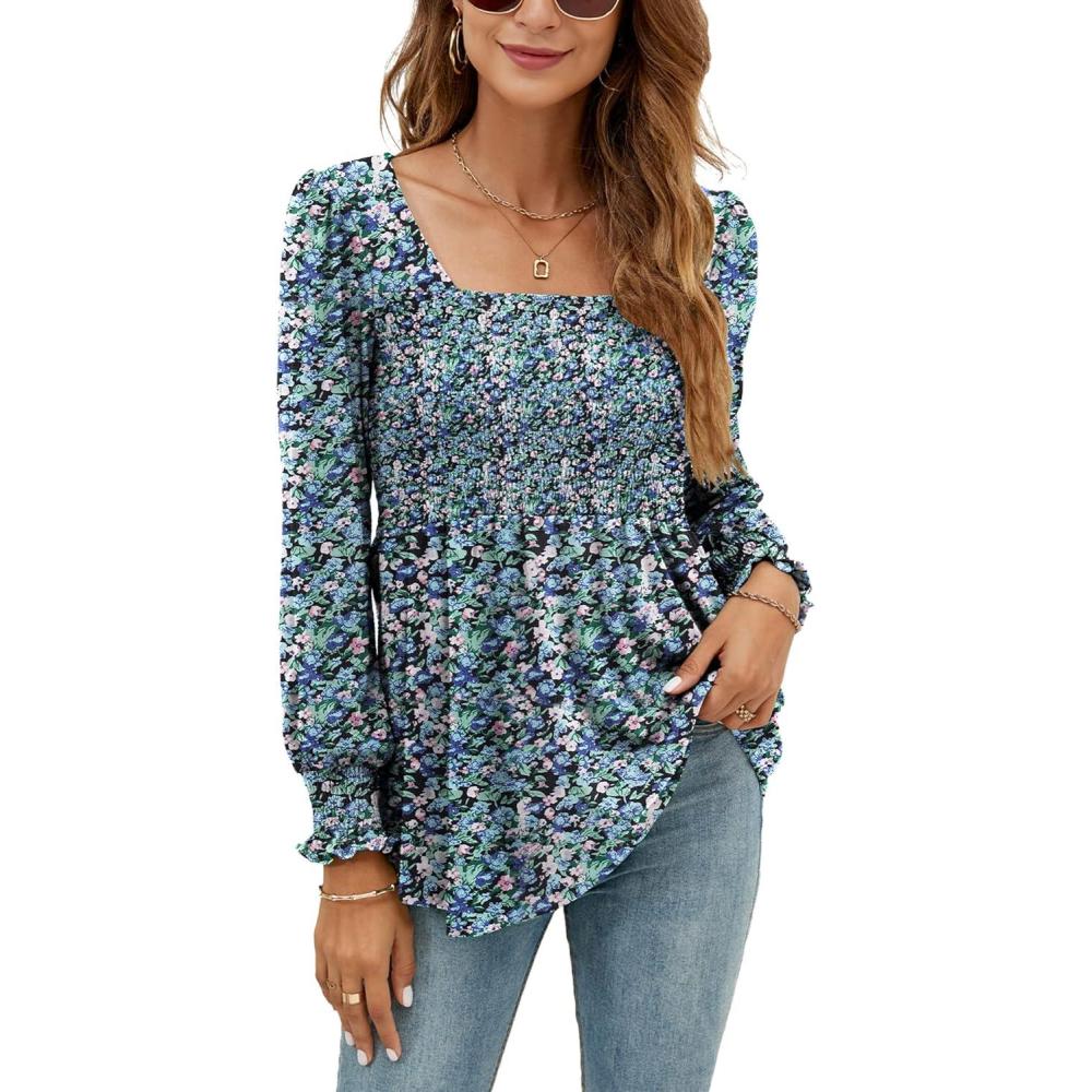 image:imageLOMON Blouses for Women Puff Long Sleeve Shirts Square Neck Casual Smocked Tunic Tops 2024 Spring Fall Winter Clothes SXLBlack Base Floral Long Sleeve Shirts