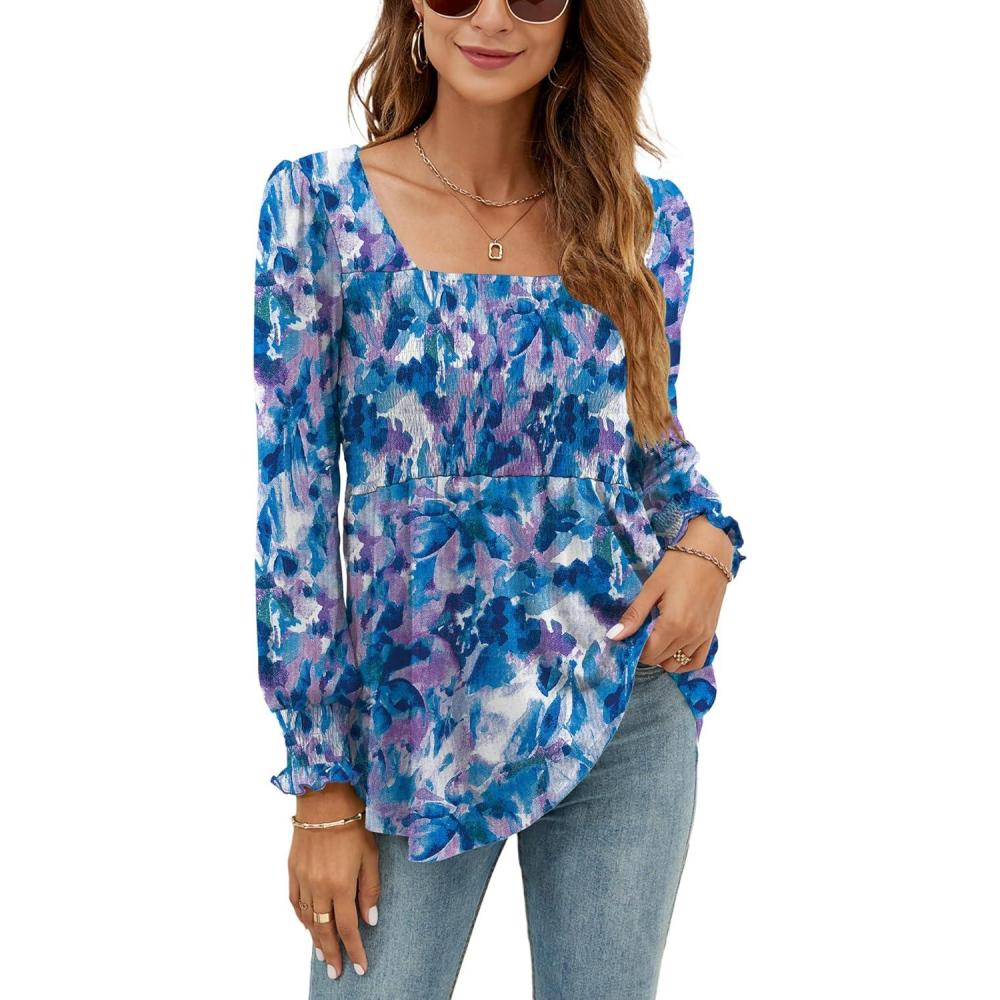 image:imageLOMON Blouses for Women Puff Long Sleeve Shirts Square Neck Casual Smocked Tunic Tops 2024 Spring Fall Winter Clothes SXLBlue Purple Tie Dye