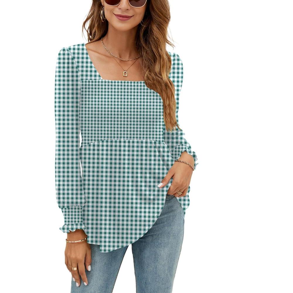 image:imageLOMON Blouses for Women Puff Long Sleeve Shirts Square Neck Casual Smocked Tunic Tops 2024 Spring Fall Winter Clothes SXLGreen White Gingham