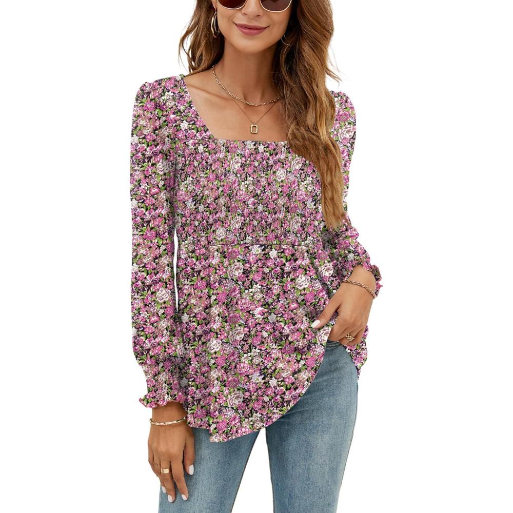 image:imageLOMON Blouses for Women Puff Long Sleeve Shirts Square Neck Casual Smocked Tunic Tops 2024 Spring Fall Winter Clothes SXLHot Pink Floral