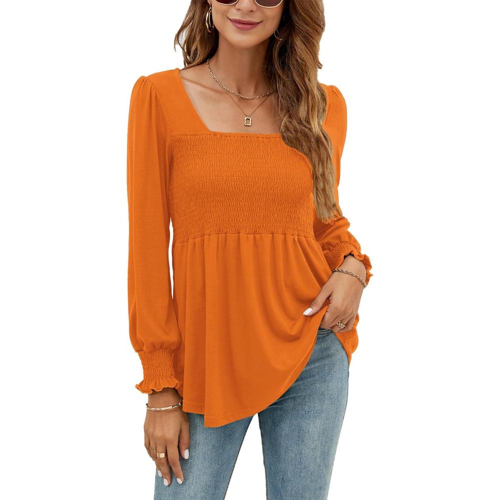 image:imageLOMON Blouses for Women Puff Long Sleeve Shirts Square Neck Casual Smocked Tunic Tops 2024 Spring Fall Winter Clothes SXLOrange