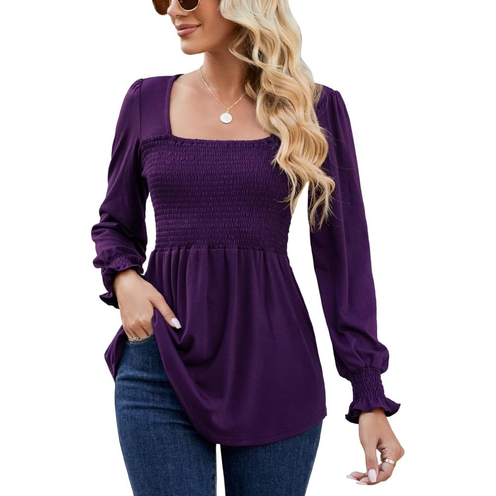image:imageLOMON Blouses for Women Puff Long Sleeve Shirts Square Neck Casual Smocked Tunic Tops 2024 Spring Fall Winter Clothes SXLPurple Long Sleeve Shirts