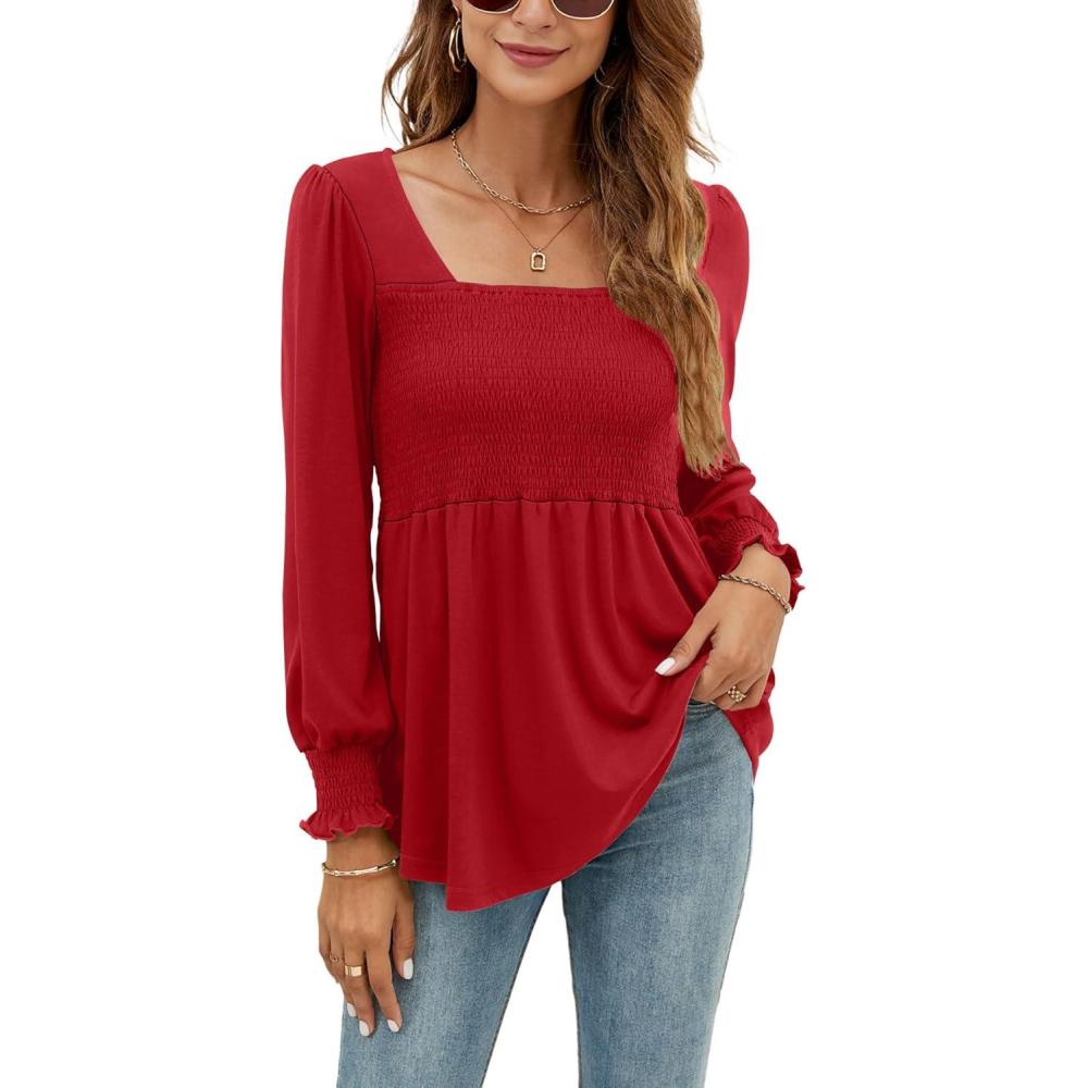 image:imageLOMON Blouses for Women Puff Long Sleeve Shirts Square Neck Casual Smocked Tunic Tops 2024 Spring Fall Winter Clothes SXLRed