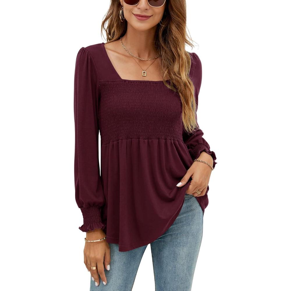 image:imageLOMON Blouses for Women Puff Long Sleeve Shirts Square Neck Casual Smocked Tunic Tops 2024 Spring Fall Winter Clothes SXLWine Red Long Sleeve Shirts