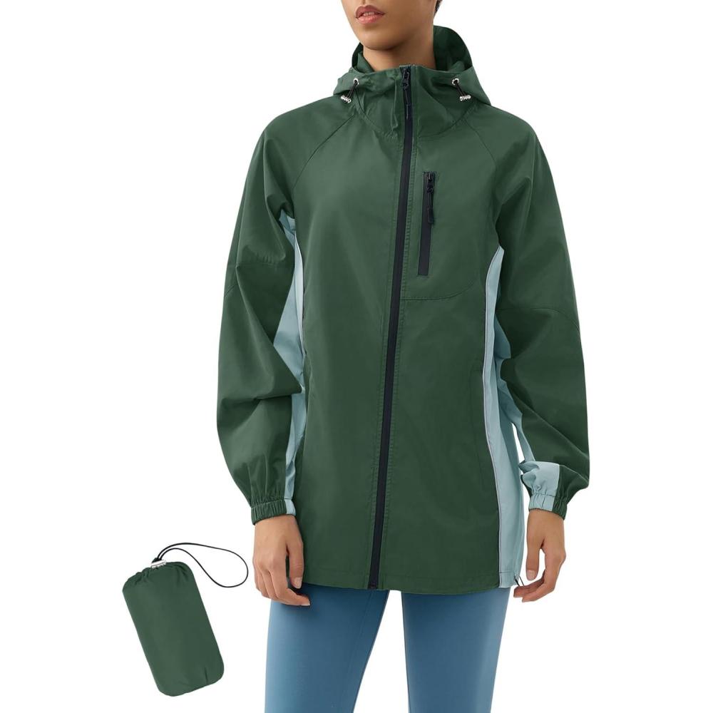 image:imageLOMON Lightweight Active Rain Jacket Hooded Water Resistant Raincoat Windbreaker Casual JacketDark Green and Cyan