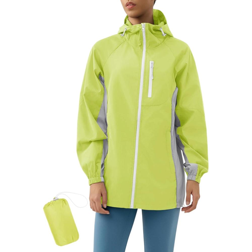 image:imageLOMON Lightweight Active Rain Jacket Hooded Water Resistant Raincoat Windbreaker Casual JacketLight Green and Grey