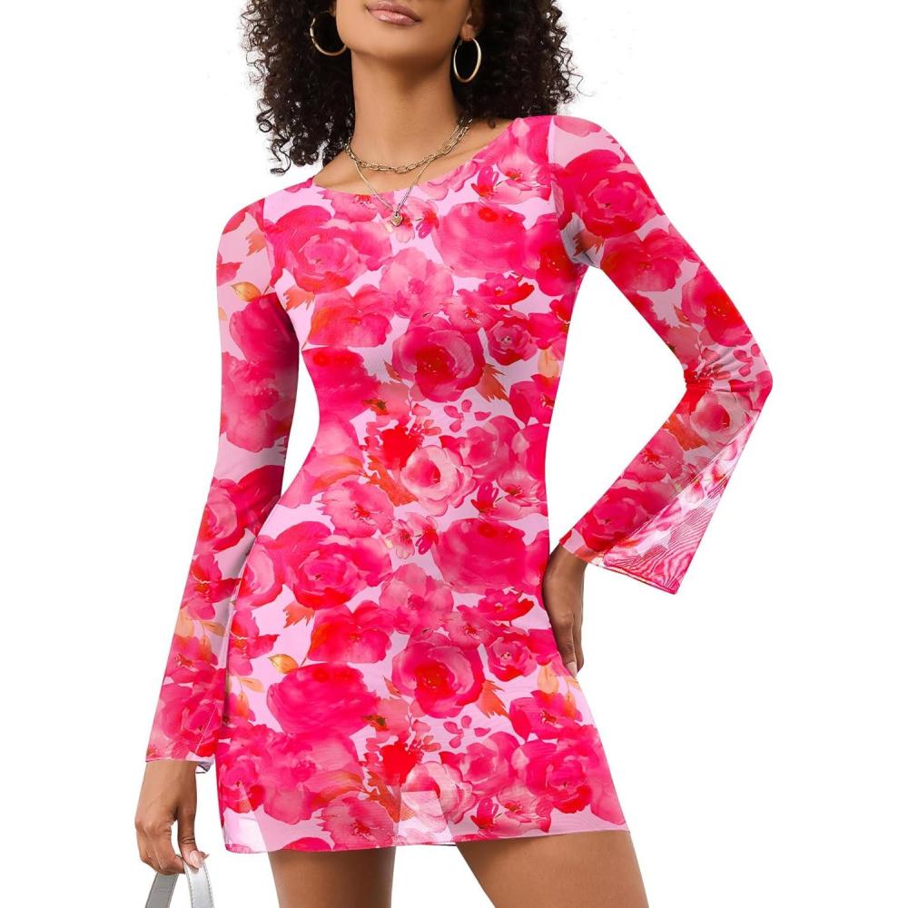 image:imageLOMON Womens Dresses Sexy Mesh Bell Sleeve Boat Neck Date Night Y2k Going Out Bodycon Mini Short Dress XSXLPink Floral