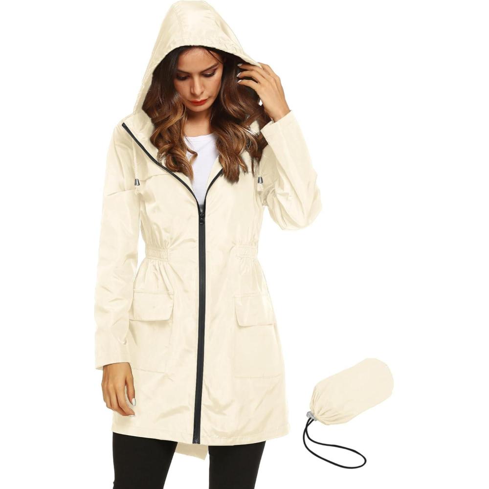 image:imageLomon Women Waterproof Lightweight Rain Jacket Active Outdoor Hooded RaincoatBeige