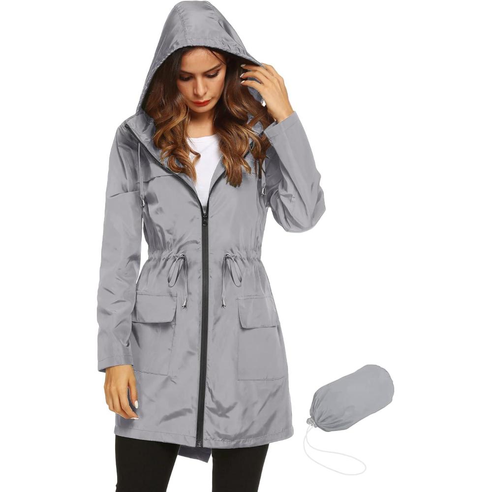 image:imageLomon Women Waterproof Lightweight Rain Jacket Active Outdoor Hooded RaincoatGreywaist Drawstring