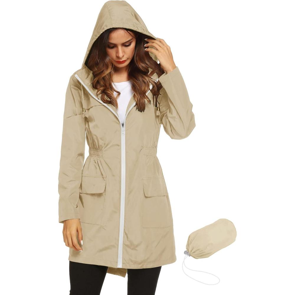 image:imageLomon Women Waterproof Lightweight Rain Jacket Active Outdoor Hooded RaincoatKhaki