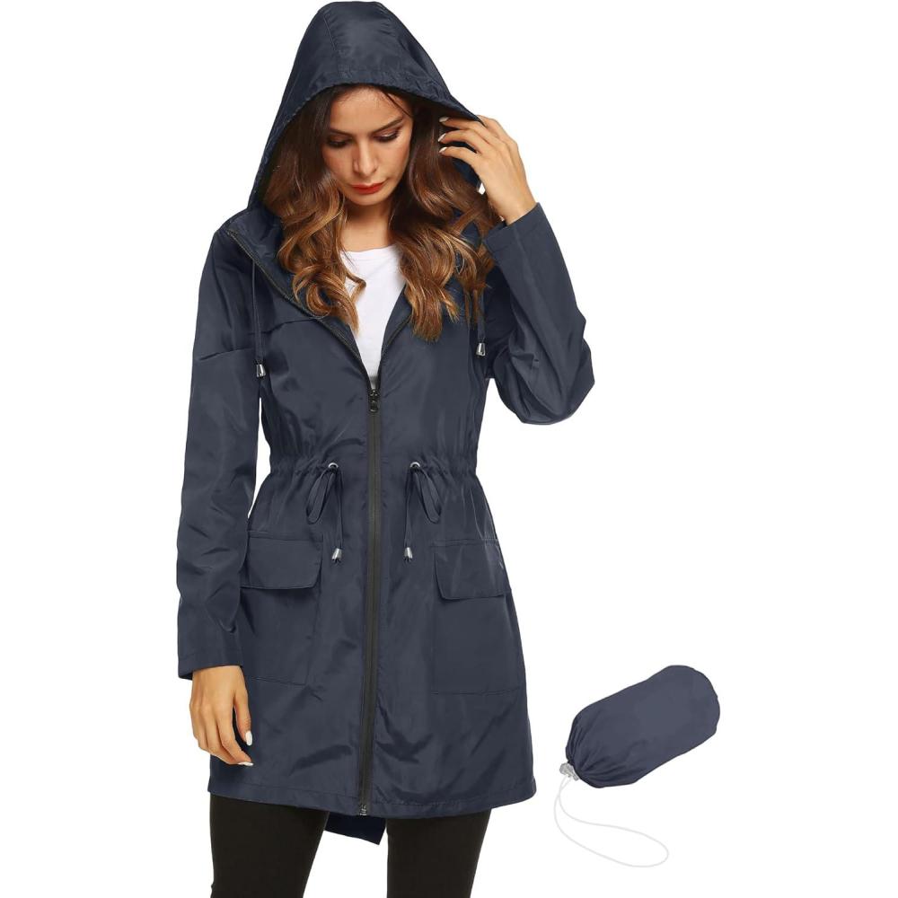 image:imageLomon Women Waterproof Lightweight Rain Jacket Active Outdoor Hooded RaincoatNavy Bluewaist Drawstring1