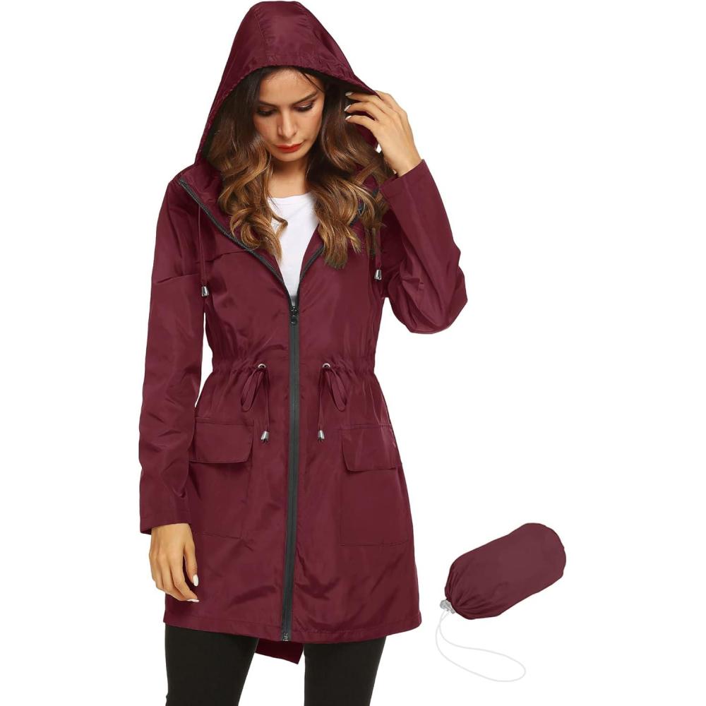 image:imageLomon Women Waterproof Lightweight Rain Jacket Active Outdoor Hooded RaincoatWine Redwaist Drawstring1