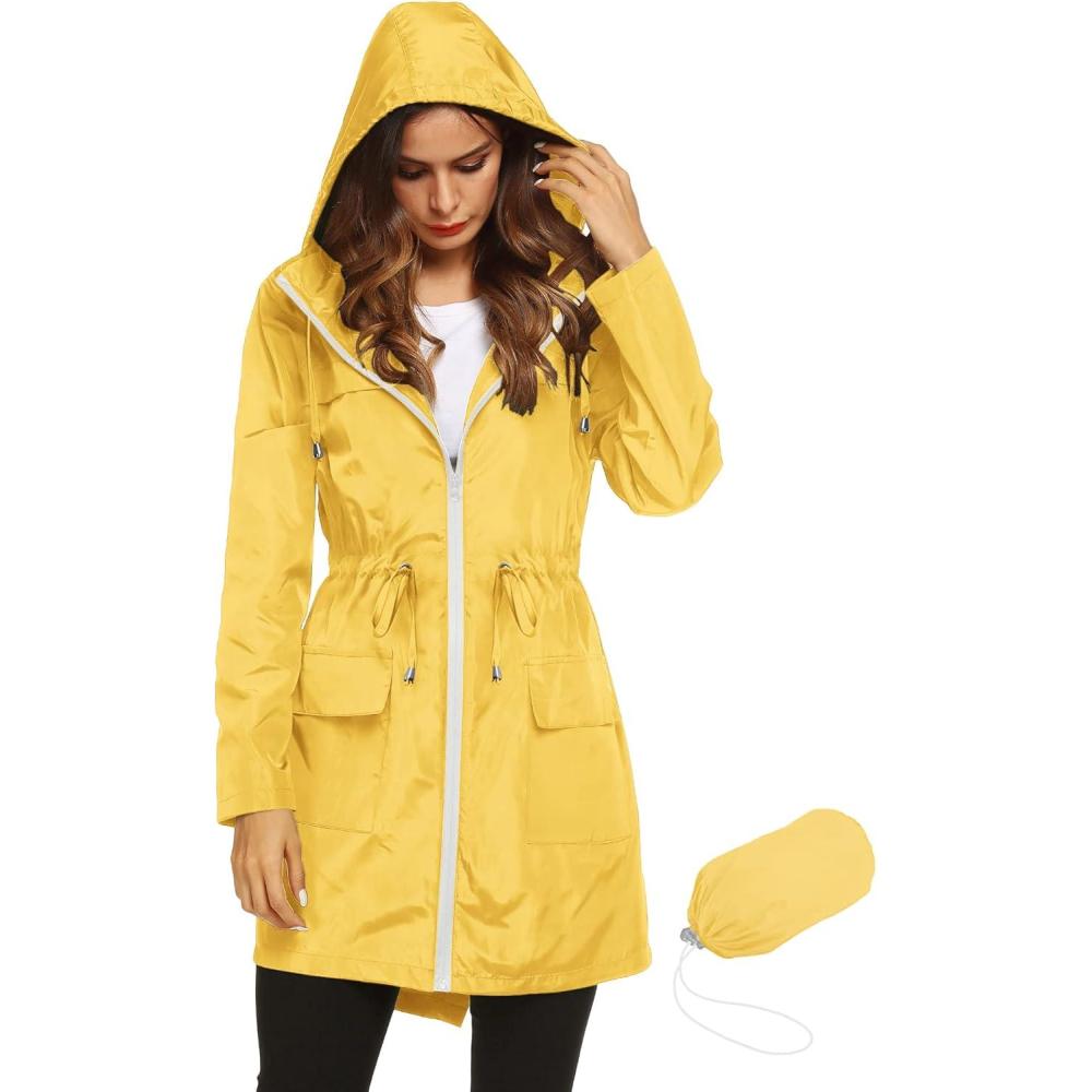 image:imageLomon Women Waterproof Lightweight Rain Jacket Active Outdoor Hooded RaincoatYellowwaist Drawstring
