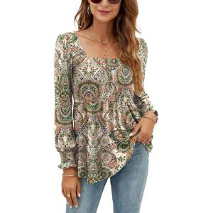 LOMON Blouses for Women Puff Long Sleeve Shirts Square Neck Casual Smocked Tunic Tops 2024 Spring Fall Winter Clothes S-XL(Apricot Army Green Floral)