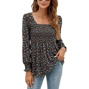 LOMON Blouses for Women Puff Long Sleeve Shirts Square Neck Casual Smocked Tunic Tops 2024 Spring Fall Winter Clothes S-XL(Black & Orange Floral Long Sleeve Shirts)