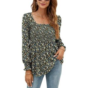 LOMON Blouses for Women Puff Long Sleeve Shirts Square Neck Casual Smocked Tunic Tops 2024 Spring Fall Winter Clothes S-XL(Black & Yellow Floral Long Sleeve Shirts)