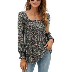 LOMON Blouses for Women Puff Long Sleeve Shirts Square Neck Casual Smocked Tunic Tops 2024 Spring Fall Winter Clothes S-XL(Black Base Pink Floral Long Sleeve Shirts)