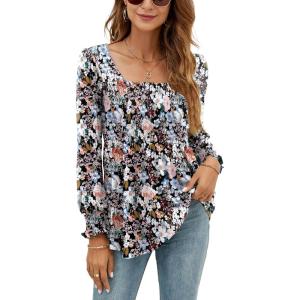 LOMON Blouses for Women Puff Long Sleeve Shirts Square Neck Casual Smocked Tunic Tops 2024 Spring Fall Winter Clothes S-XL(Black Colorful Floral)