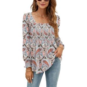 LOMON Blouses for Women Puff Long Sleeve Shirts Square Neck Casual Smocked Tunic Tops 2024 Spring Fall Winter Clothes S-XL(Blue Paisley Pattern)