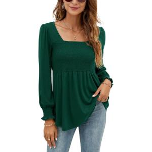 LOMON Blouses for Women Puff Long Sleeve Shirts Square Neck Casual Smocked Tunic Tops 2024 Spring Fall Winter Clothes S-XL(Green Long Sleeve Shirts)