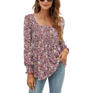 LOMON Blouses for Women Puff Long Sleeve Shirts Square Neck Casual Smocked Tunic Tops 2024 Spring Fall Winter Clothes S-XL(Hot Pink Floral)